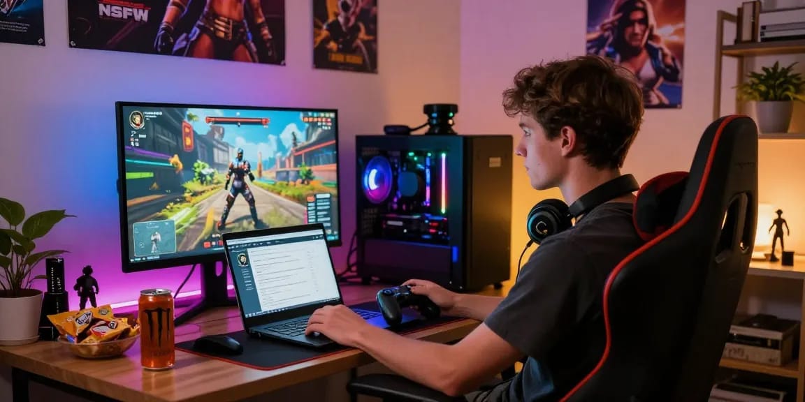 Captivating NSFW game setup in cozy bedroom with vibrant RGB lights and gaming chair.