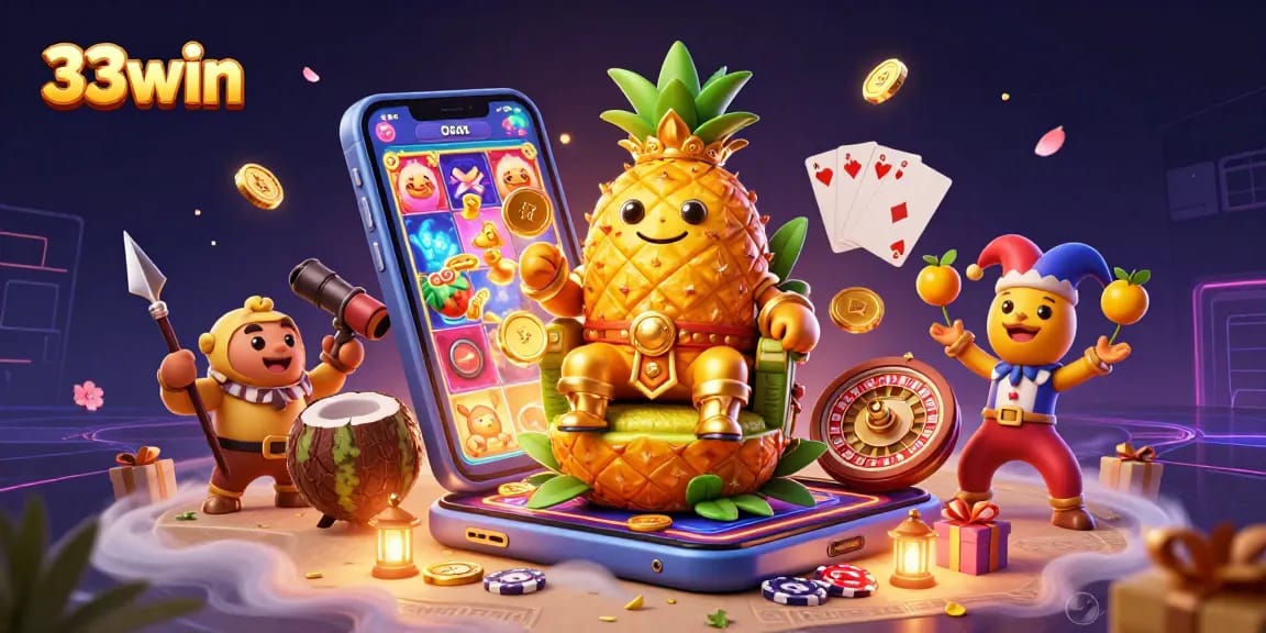 Play and win big at 33win with a vibrant casino illustration featuring a golden pineapple king and colorful game elements.
