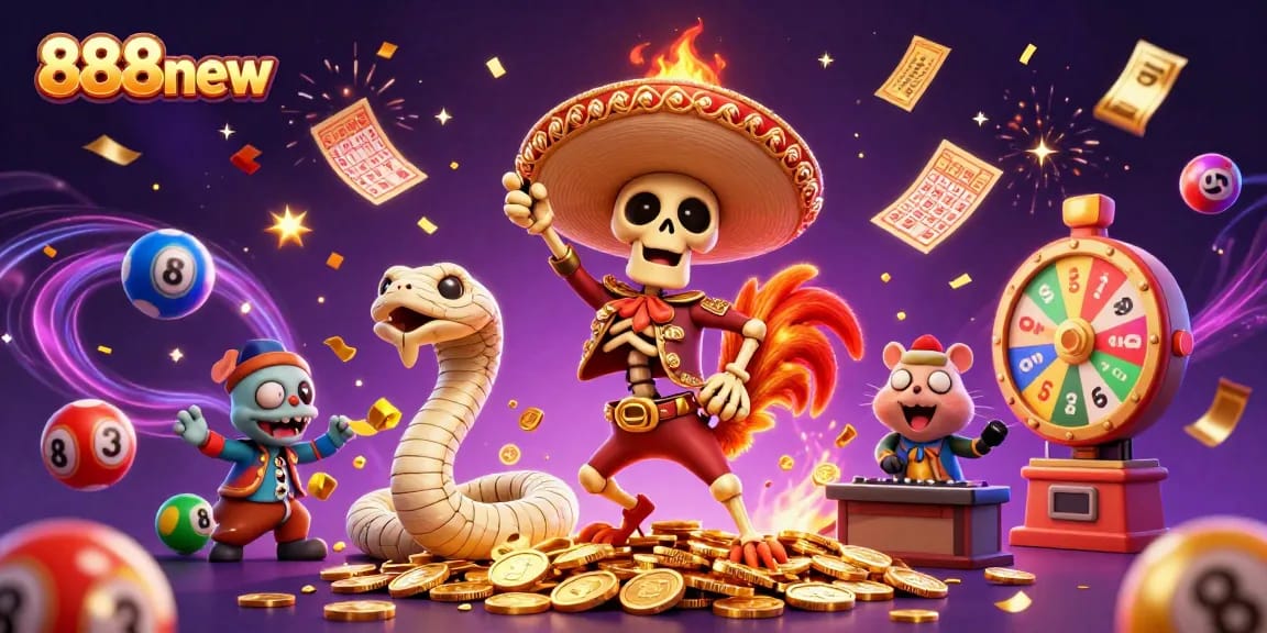 Engage in thrilling casino action with 888new, where lively characters celebrate wins amidst colorful gaming elements.