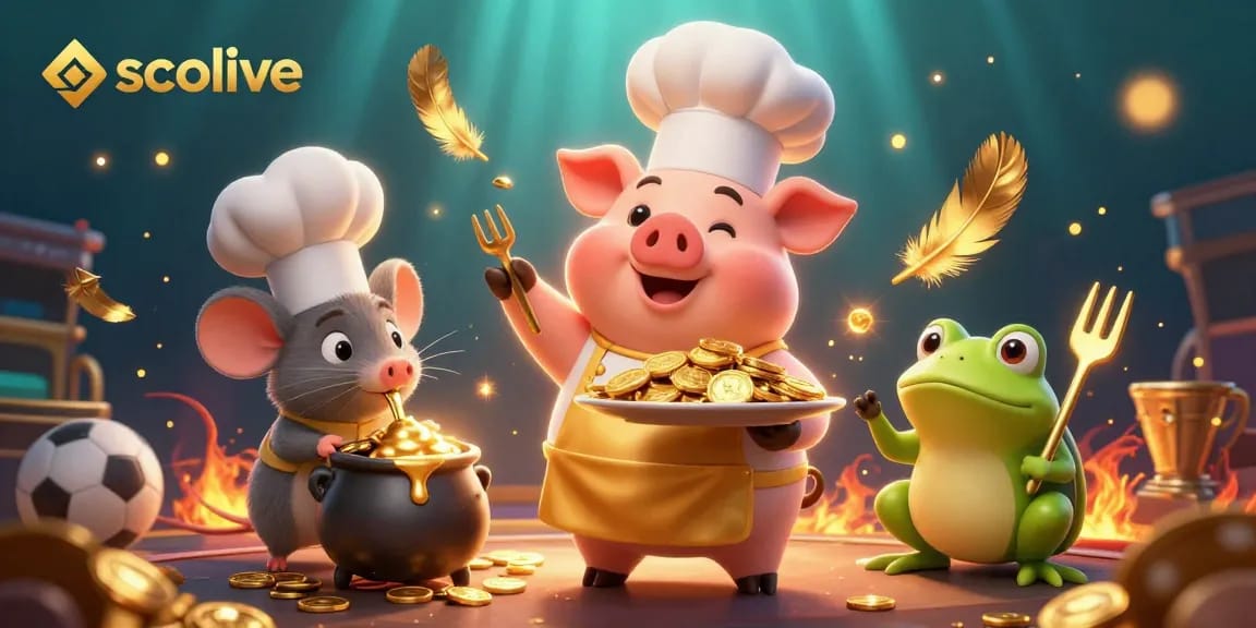 Socolive sports betting scene with a chef pig and food critic frog immersed in gold coins and vibrant elements.