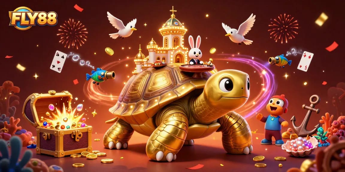 FLY88's vibrant casino world features a glorious golden tortoise and rabbit dealer bringing games alive.