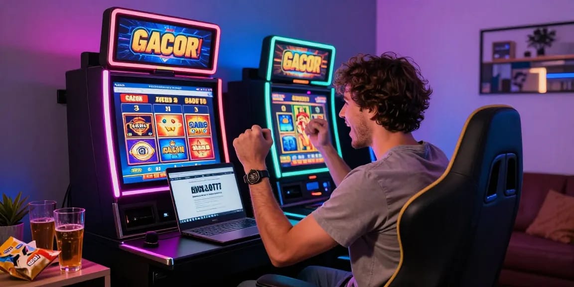 Excited player enjoying slot gacor wins at home with gaming setup.