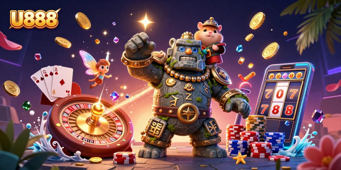 Experience the thrill at U888 as golden coins cascade around the magical golem guardian.