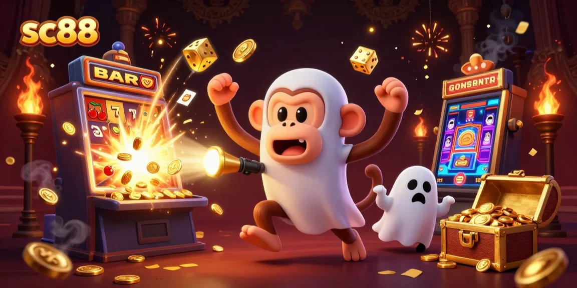 Catch the action with sc88 as a mischievous monkey juggles golden objects in a lively casino scene.