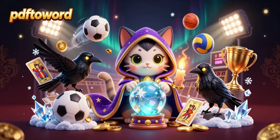 Experience the magic of pdftoword with a fortune teller cat and dynamic sports elements in this enchanting scene.