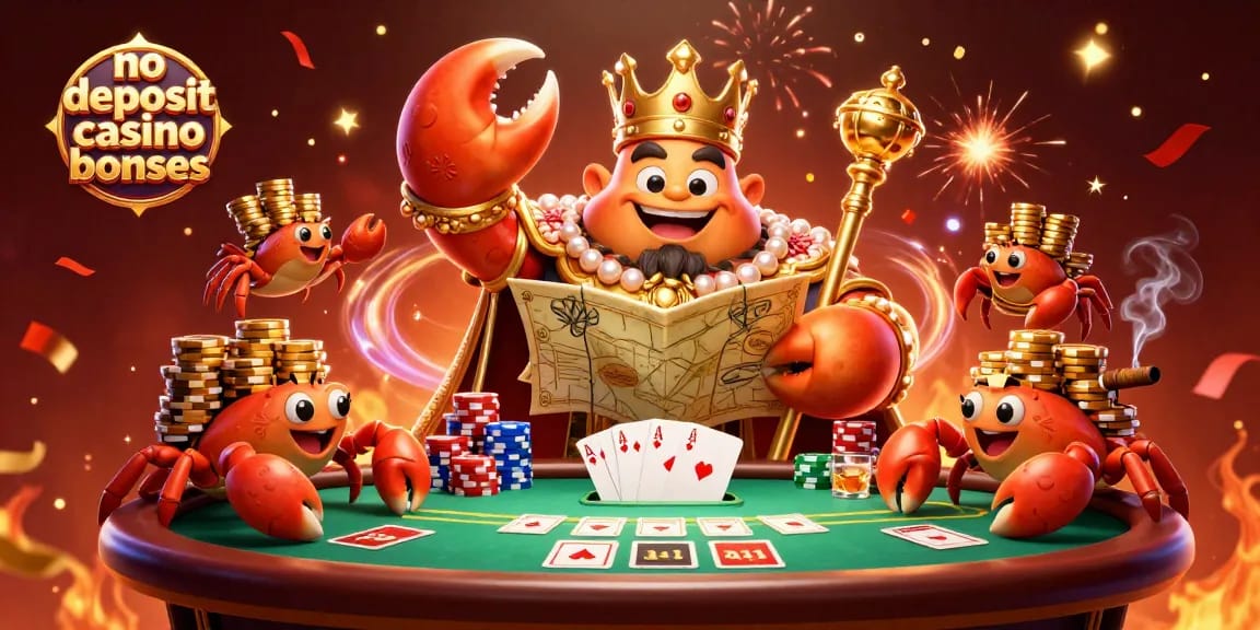 No deposit casino bonuses showcased with a golden crab emperor, poker elements, and confetti.
