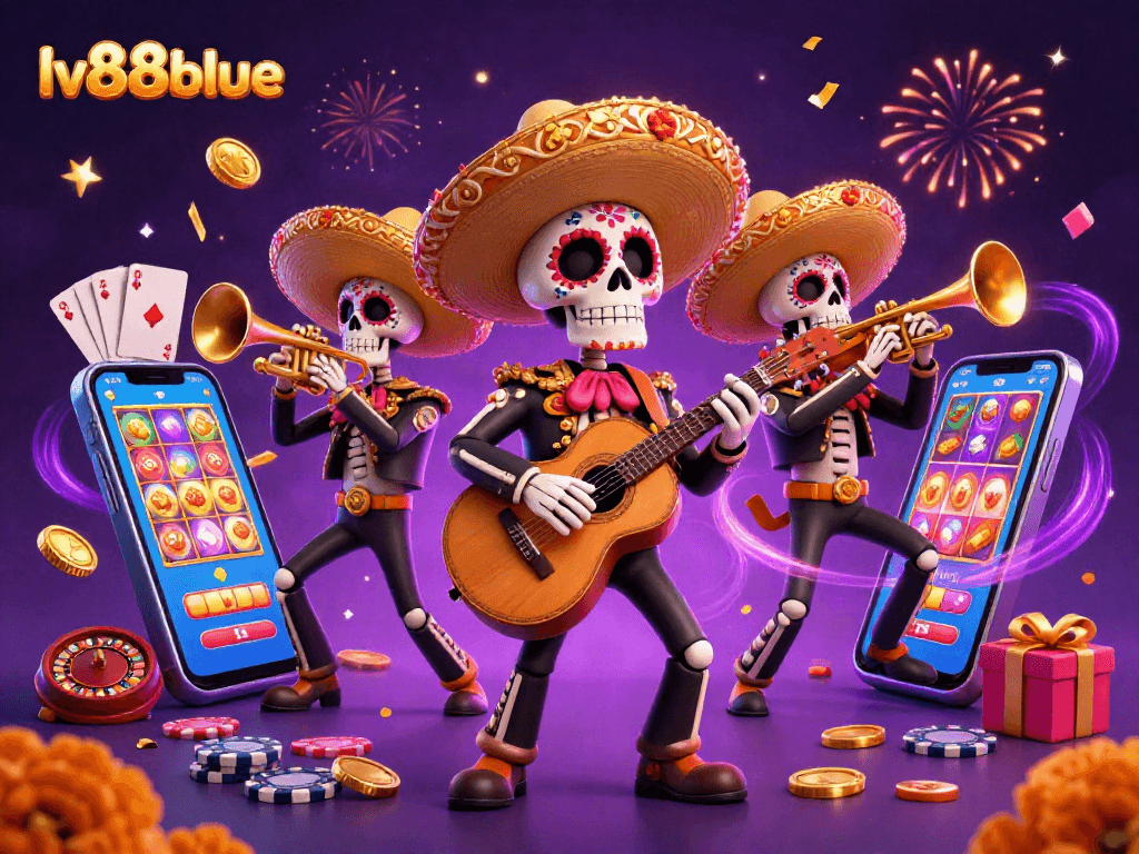 Celebrate at lv88blue with vibrant Day of the Dead-themed casino illustrations featuring characters and gaming elements.