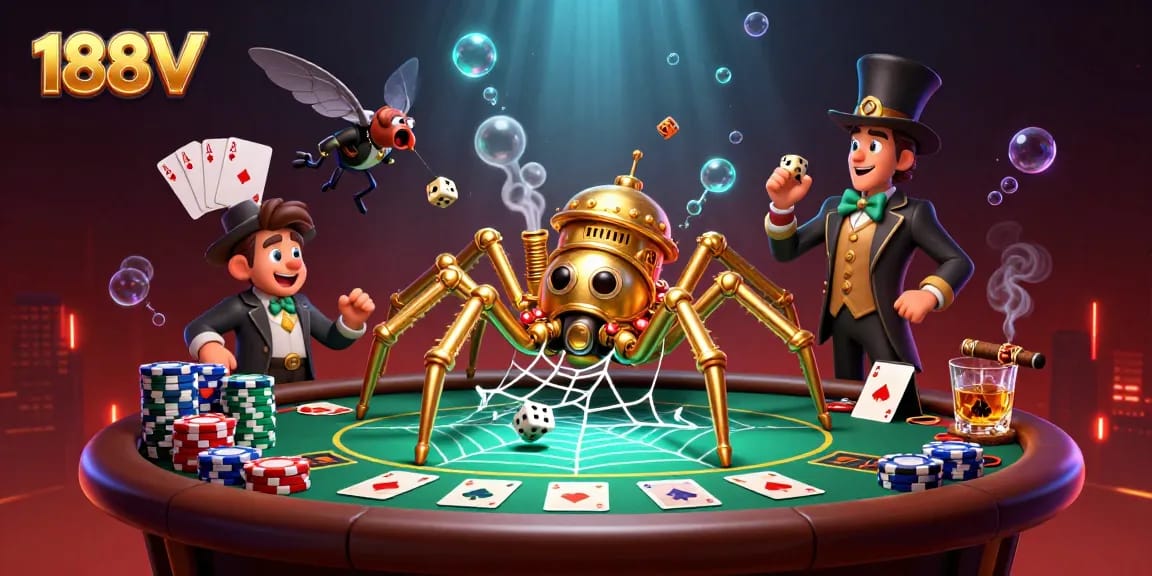 Catch unlucky dice in the web of 188V's steampunk spider at a vivid casino scene.