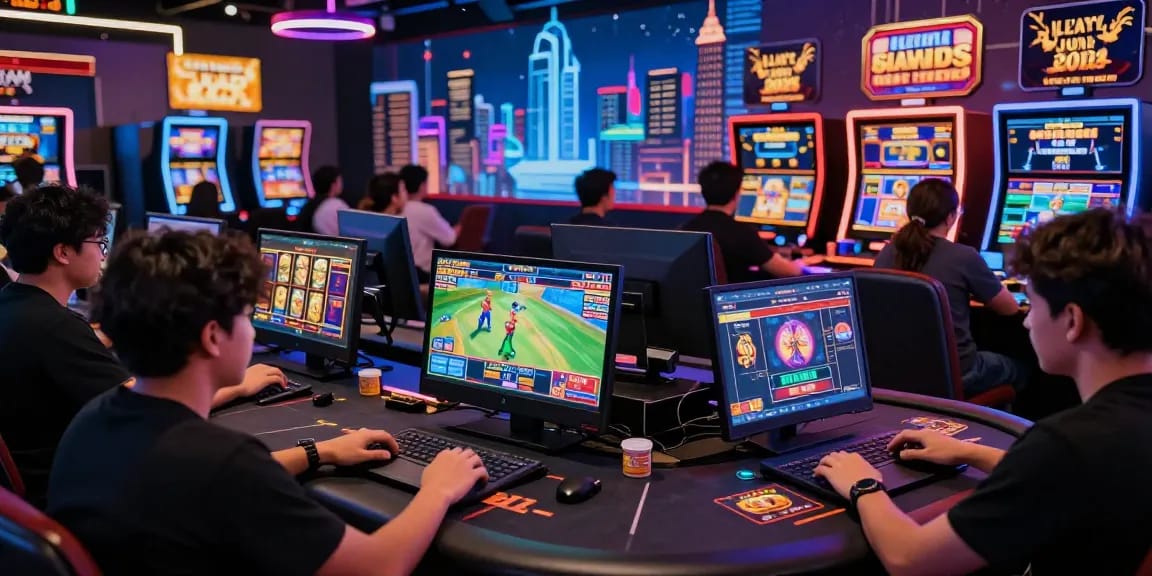 Engaging moment in an online casino Malaysia, showcasing players enjoying slots and live betting with dynamic visuals and promotions.
