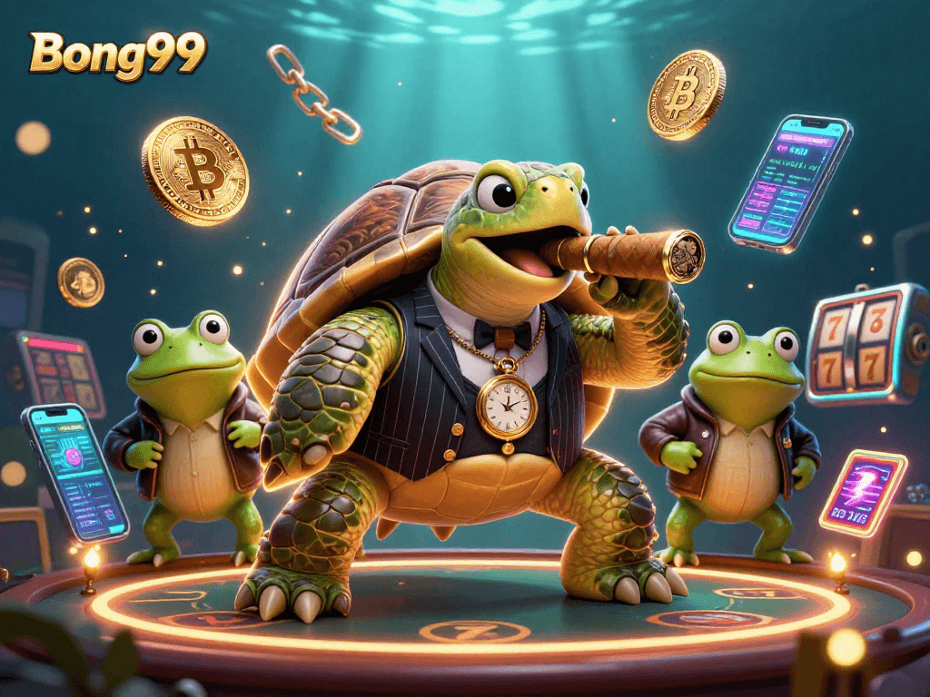 Bong99 showcases a vibrant 3D casino scene, featuring a snapping turtle mobster flanked by bullfrog enforcers amidst crypto and slot elements.