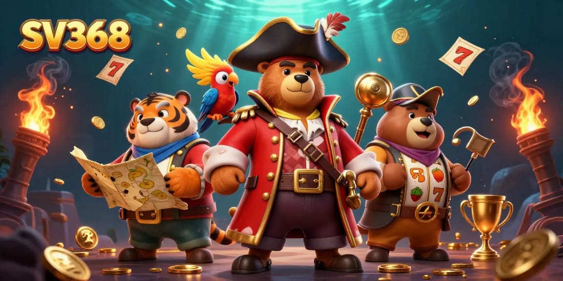 SV368 brings thrilling slot action with a pirate bear and tiger amidst vibrant gold coins.