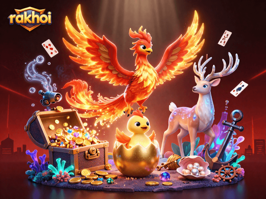 Engage with rakhoi's vibrant casino experience, featuring a fiery phoenix and magical elements.