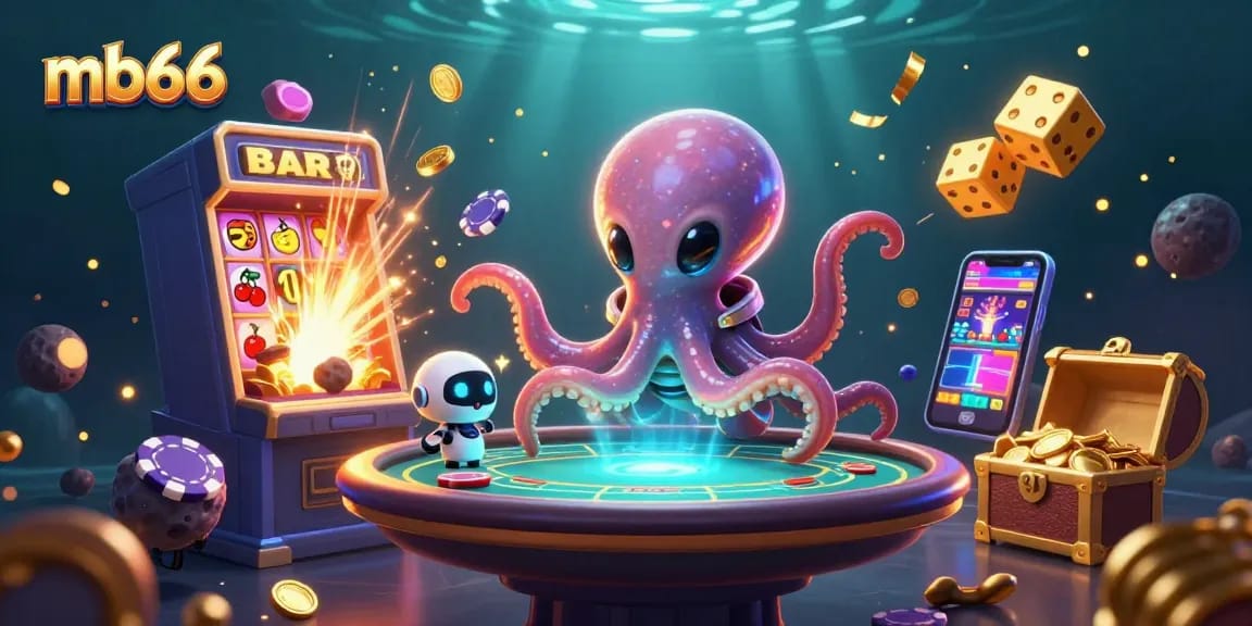 Experience thrilling gameplay at mb66 with an alien octopus managing poker and casino games in a vibrant setting.