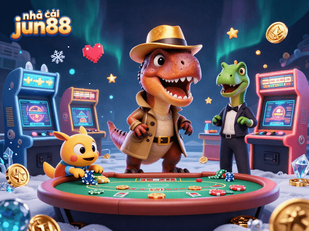 Experience the excitement at nhà cái jun88 with vibrant casino-themed characters and engaging gaming elements.
