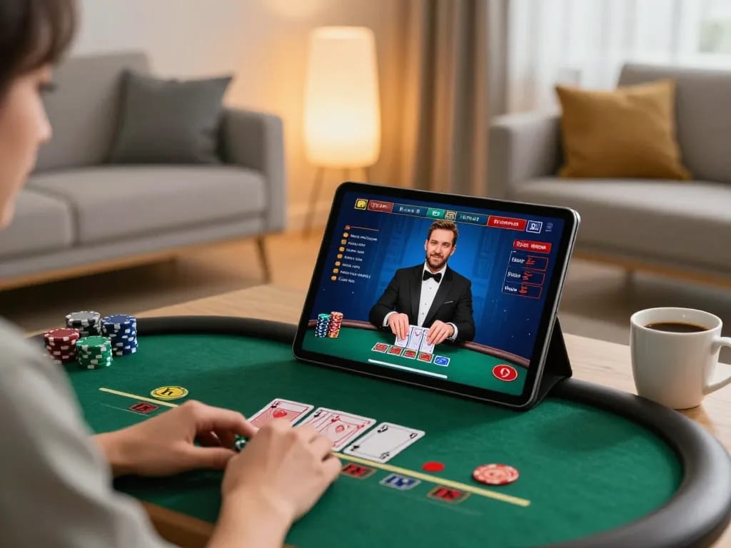 Person playing live blackjack on SC88 Com app in a cozy home setting, showcasing strategic gameplay.