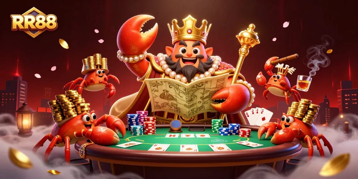Experience RR88's casino world with golden crab emperor and dynamic poker elements!