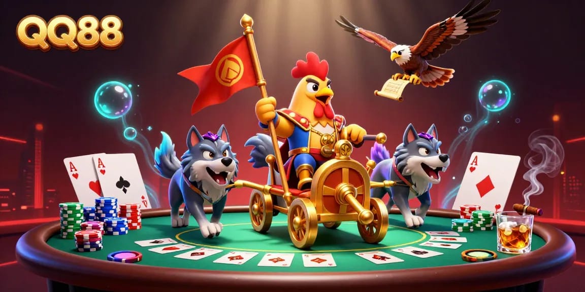 Engage with QQ88 poker action featuring a rooster warlord and wolves amidst vibrant casino chaos.