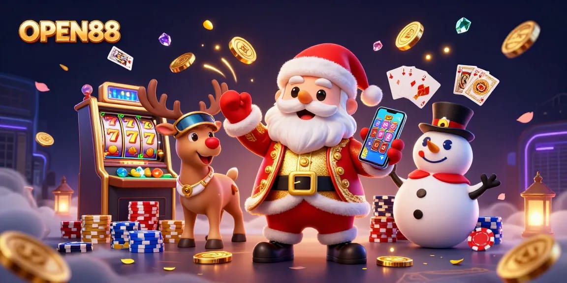 Spin to win with OPEN88 in a festive casino scene featuring Santa and friends!