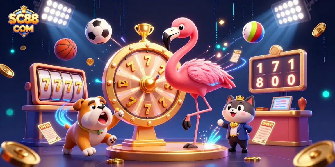 Spin and win at SC88 COM with exciting games and dynamic prizes in this engaging 3D illustration.