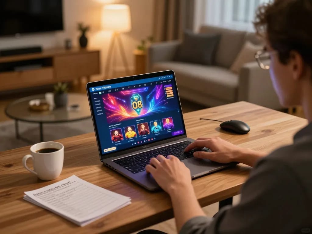 O8 player engaging with online casino games in a cozy home environment for strategic gameplay