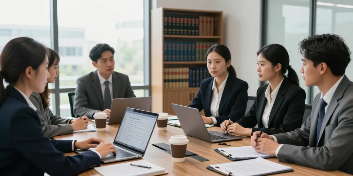Legal team collaborating in their office for home and justice solutions.