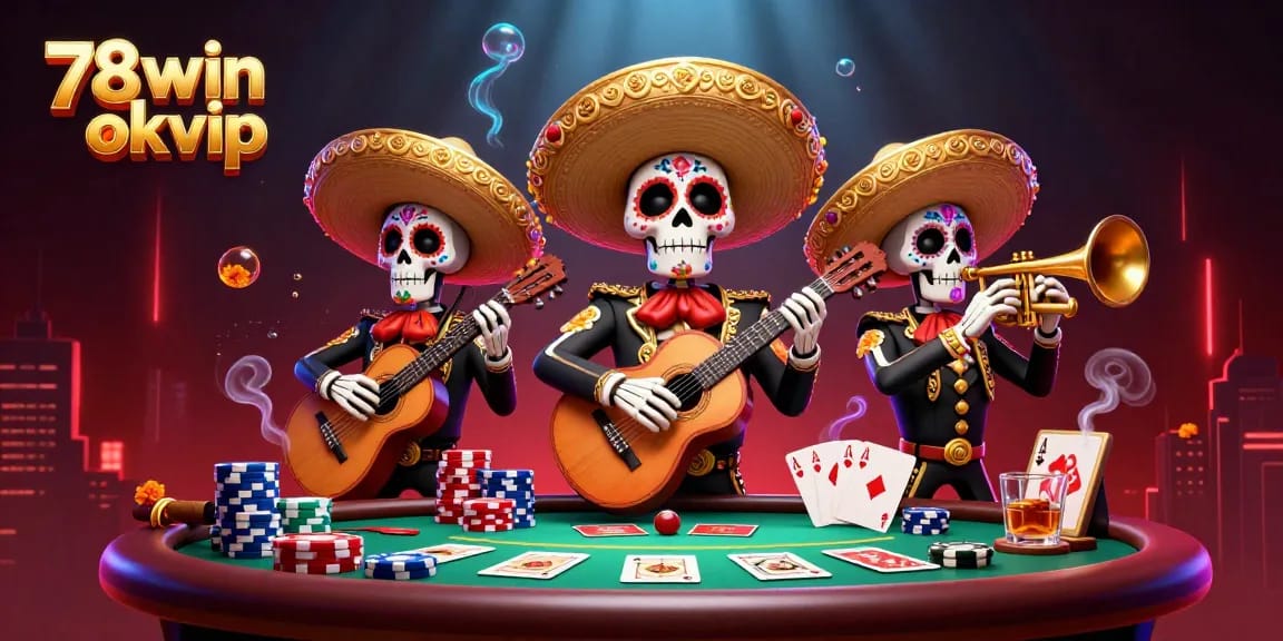 Join the fun at 78win okvip with vibrant Día de los Muertos characters playing poker amidst rich casino elements.