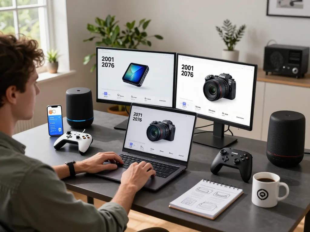 Engaging workspace featuring top 10 tech gadgets 2076, showcasing innovative products like 8BitDo controllers and AirFly Pro 2.