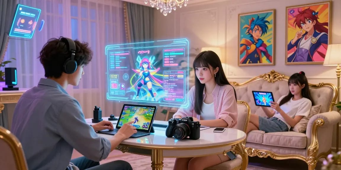 Interactive scene of characters in popular hentaigames set in a luxurious gaming mansion.
