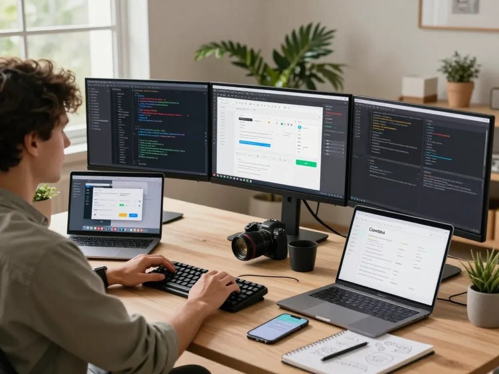 Developer using Clawd Bot in a modern workspace, coding on multiple monitors with natural light and plants.