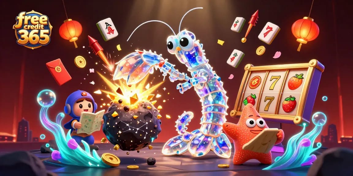 Engage with free credit 365 gameplay featuring vibrant slot reels and 3D characters exploring a dynamic casino scene.