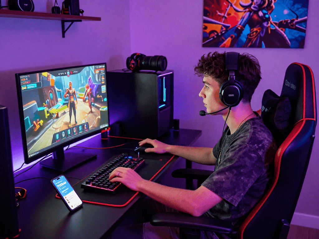 Engaging gamer enjoying online sex games in a colorful gaming room.
