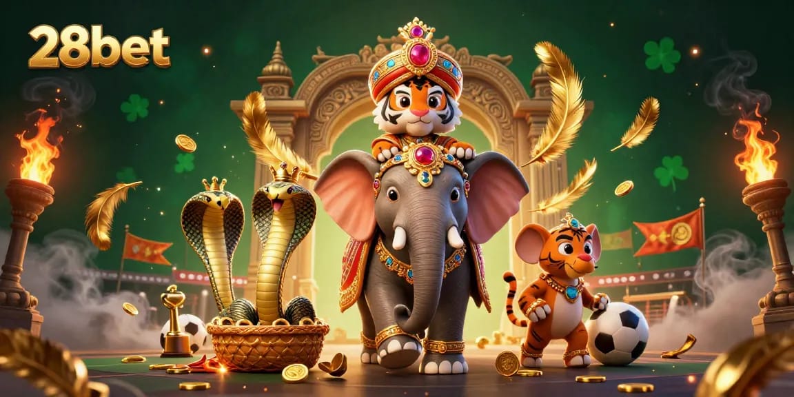Experience thrilling sports betting at 28bet with a vibrant 3D scene featuring a majestic maharaja tiger and his regal companions.