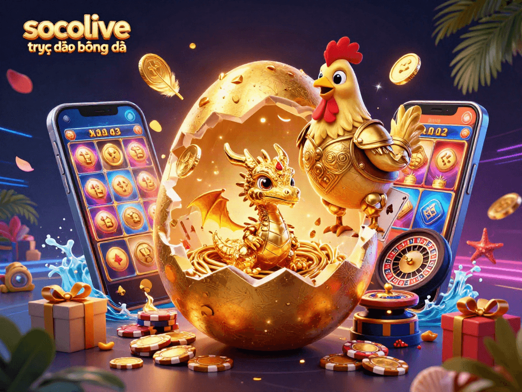 Experience thrilling gameplay with socolive trực tiếp bóng đá, featuring a golden dragon amidst vibrant casino elements.