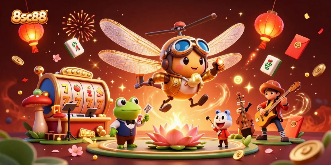 Experience the exciting action at 8sc88 with a colorful casino scene featuring a dragonfly pilot, frog dealer, and jazz-playing crickets.