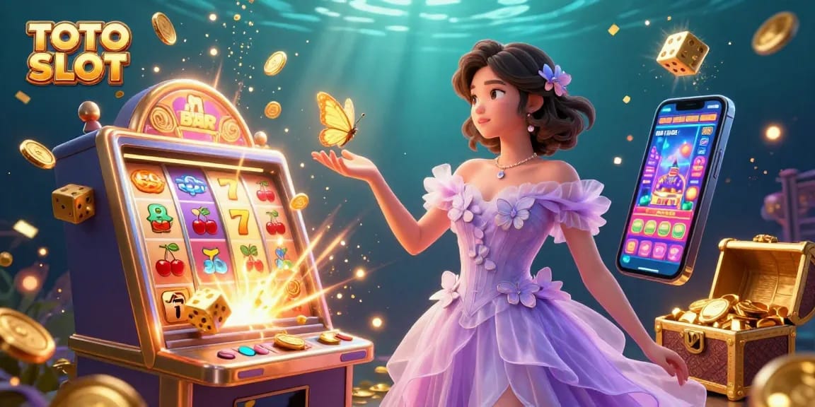 TOTO SLOT game features a stunning Asian woman with butterflies in a vibrant casino scene.