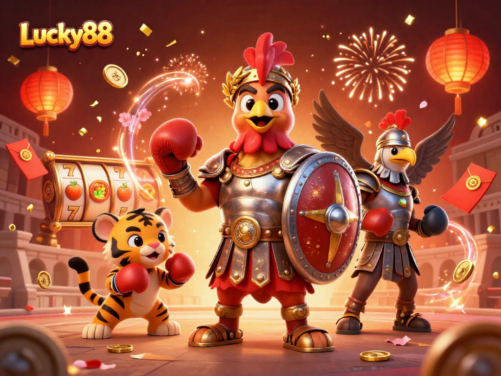 Engage with Lucky88's vibrant scene showcasing slots, treasures, and dynamic characters in a festival of luck.