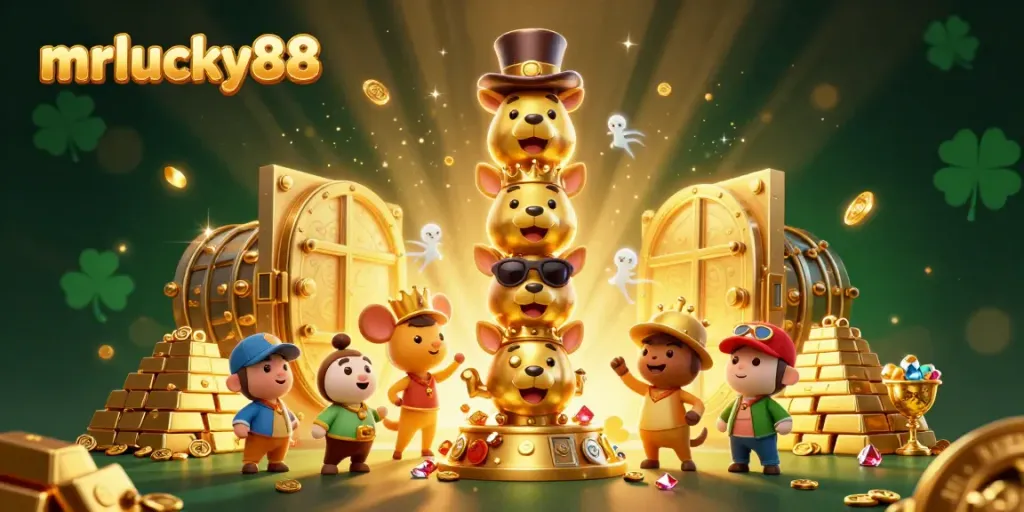 Spin wins with mrlucky88 at a vibrant casino scene filled with golden treasures and animated totems.