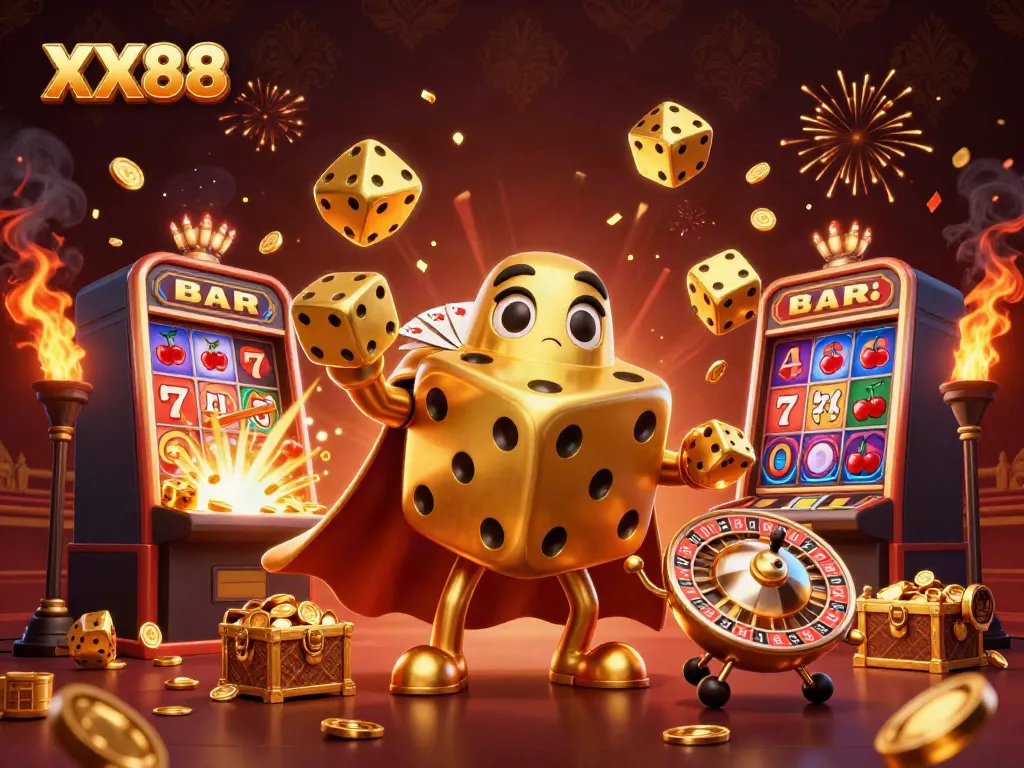 Experience thrilling gameplay at XX88 with a vibrant burst of casino elements including golden dice and a jackpot explosion.