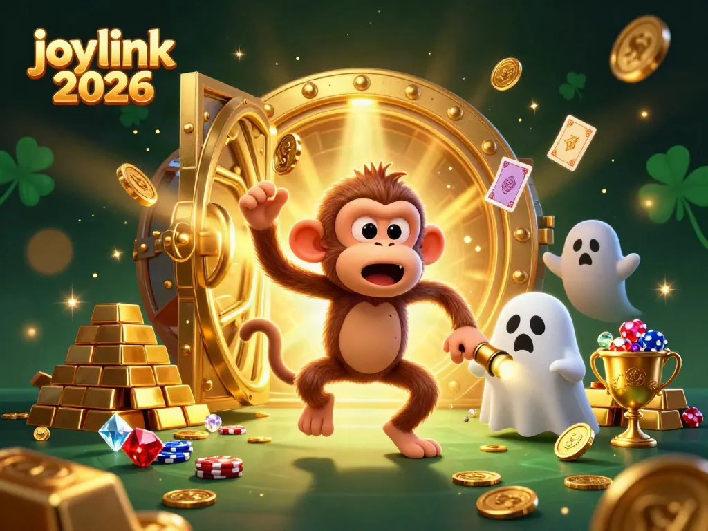 Catch the excitement of joylink 2026 with a playful ghost-hunter puppy and a mischievous monkey in an animated casino!