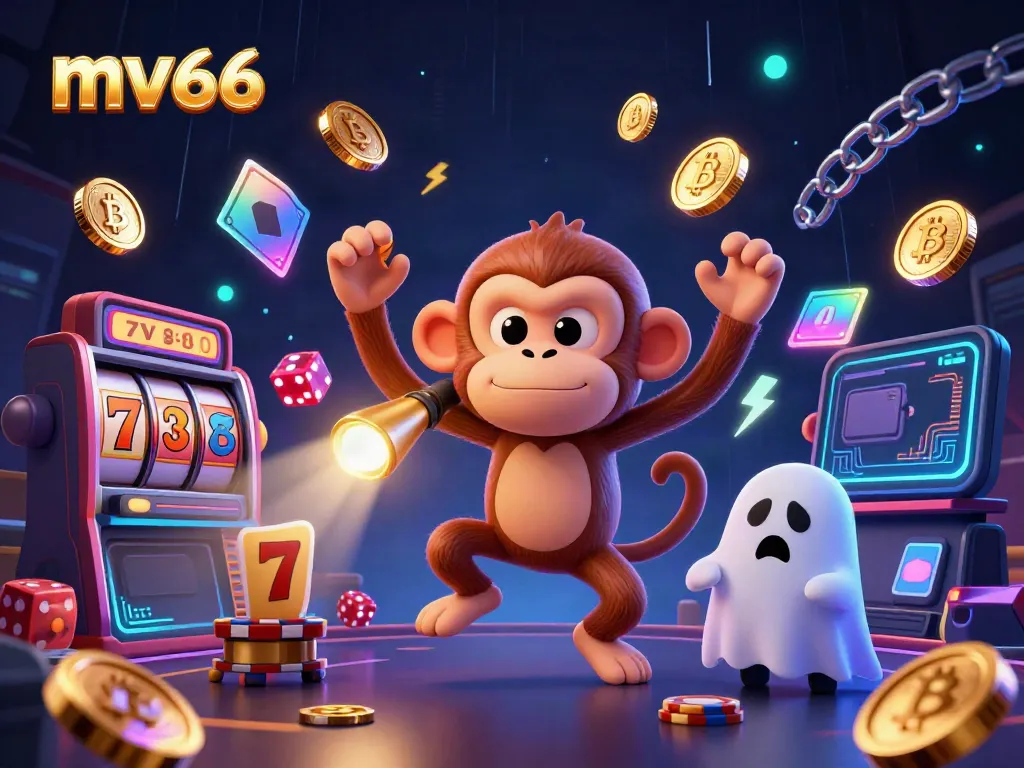 Engage with the vibrant MV66 casino scene featuring a playful monkey and a curious puppy amidst thrilling gaming action.