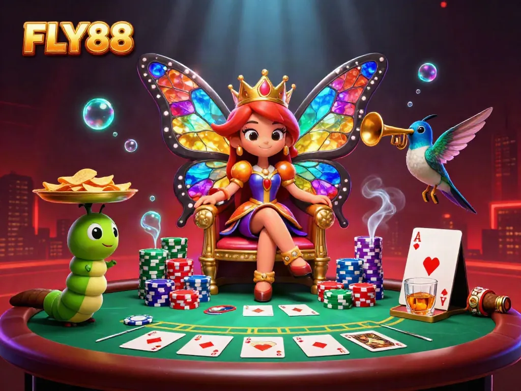 Experience the vibrant world of FLY88 with stunning casino gaming elements and a magical butterfly queen.