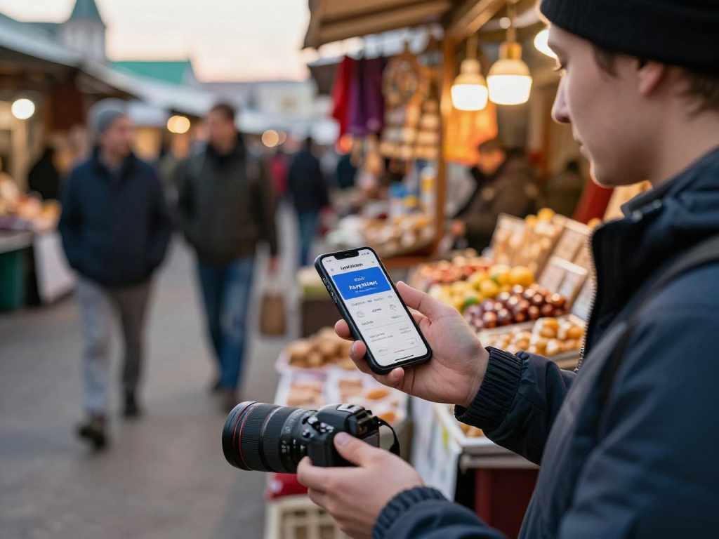 Pengembara menggunakan aplikasi pembayaran digital di pasar yang meriah di Russia dengan https://payinrussia.com/ ditampilkan dalam telefon pintar.