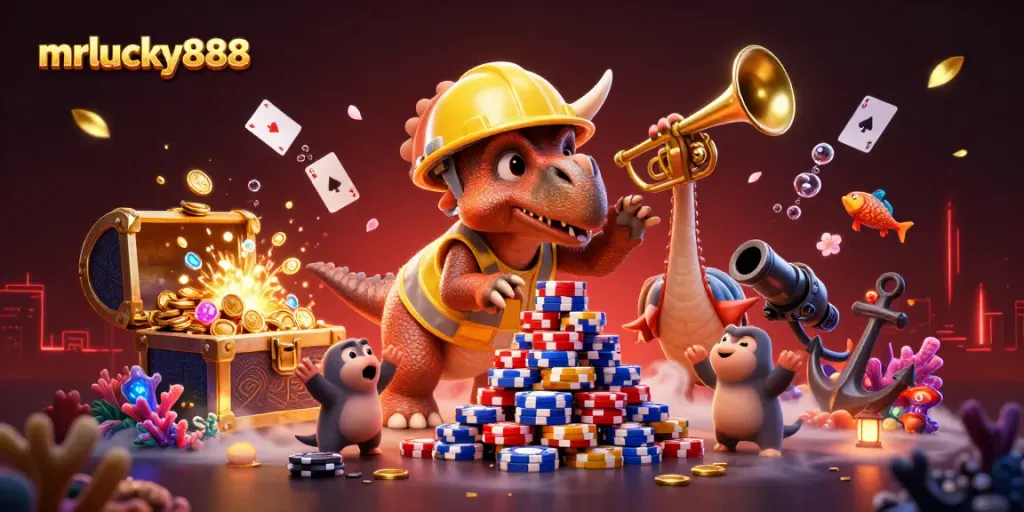 Experience mrlucky888 excitement with vibrant 3D illustration of unique casino-themed characters celebrating.