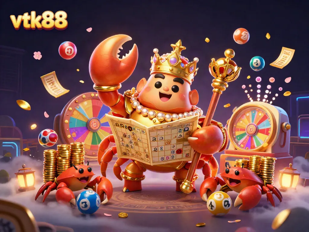 Experience dynamic gambling excitement with vtk88's golden crab emperor and colorful lottery winnings.