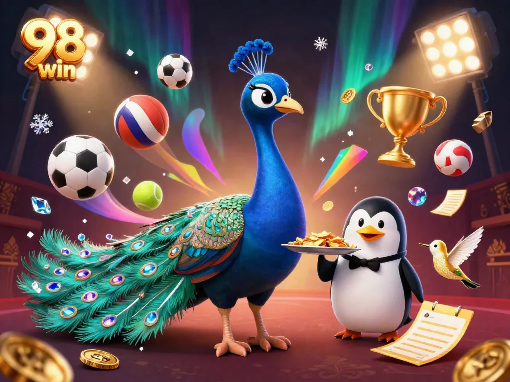 Engage with 98 win as a vibrant peacock showcases riches amidst dynamic sports elements and luck.