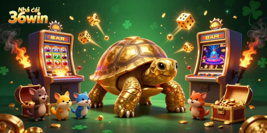 Experience the excitement of Nhà cái 36win with dynamic 3D illustrations of playful characters and casino elements.