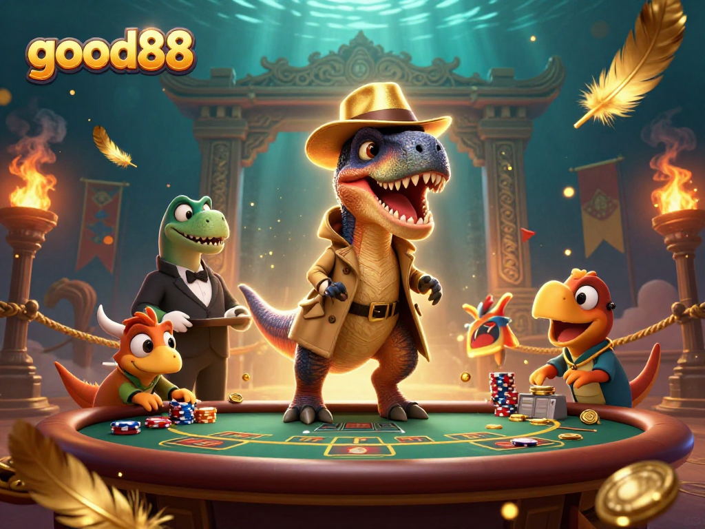 good88 engages players with a velociraptor at a blackjack table amidst a vibrant casino setting.