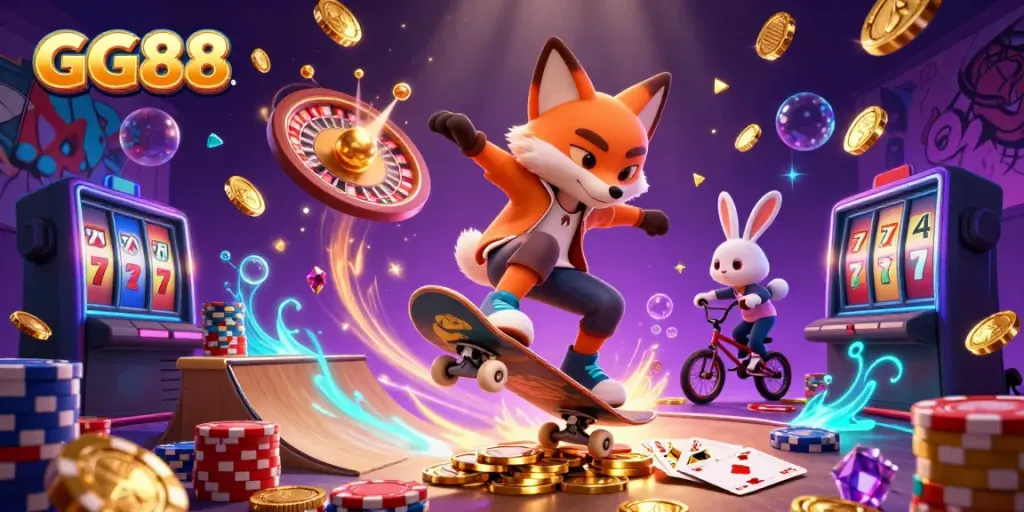 Experience excitement with GG88 as a cartoon fox performs tricks over poker chips in a vibrant casino setting.
