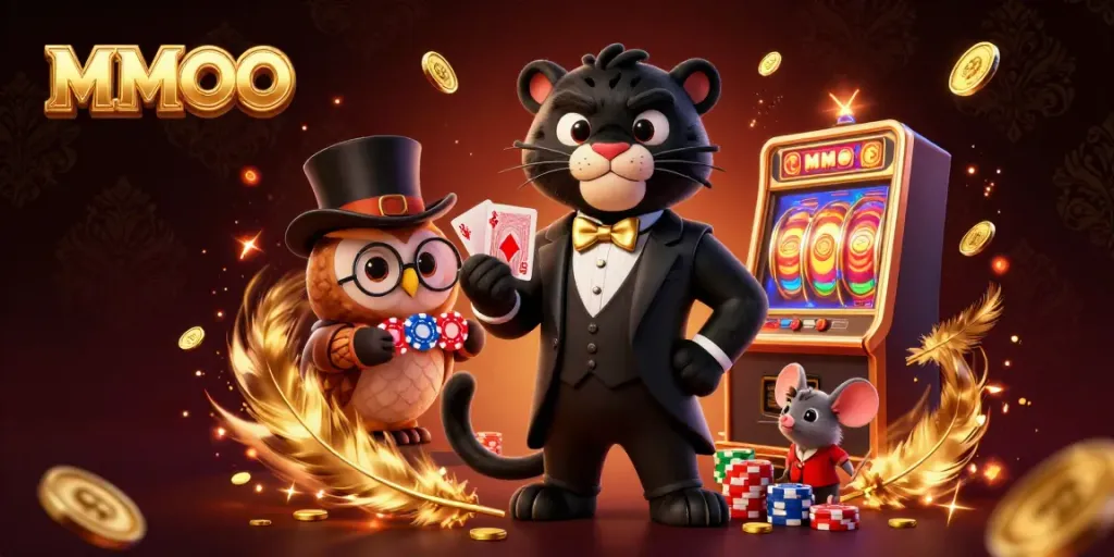 Play exciting casino games with MMOO, featuring a stylish black panther dealer and charming characters in a vibrant atmosphere.