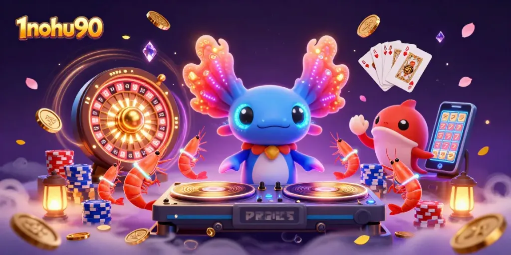 Experience thrilling gameplay with 1nohu90's vibrant casino scene featuring a DJ and lively sea creatures.